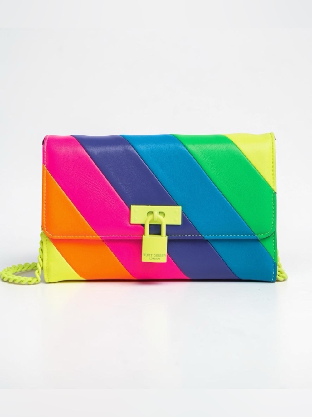 Kurt Geiger London Brixton Rainbow Leather Chain Wallet Neon Stripe Crossbody Ba - Picture 4 of 11